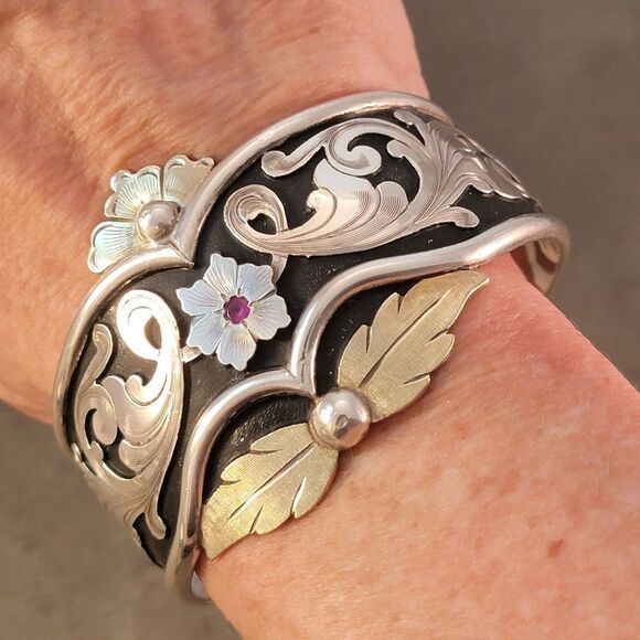 Lopez Bros. Silversmith Handcrafted Engraved Sterling 14k Flourish Cuff Bracelet - Picture 8 of 13